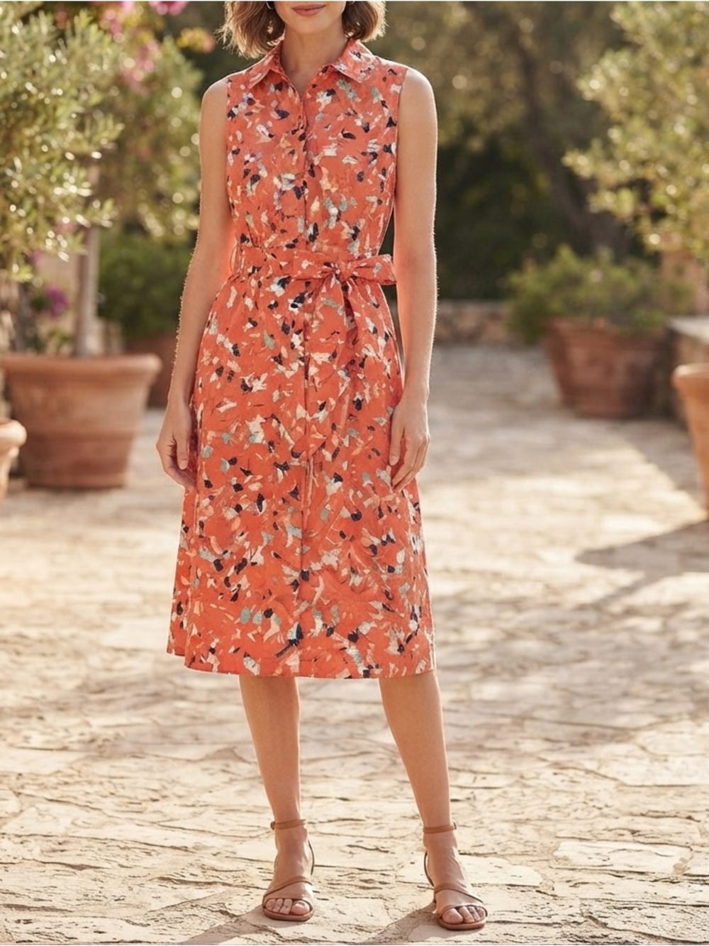 Jason Wu Red Abstract Print Sleeveless Shirt Dress Belted Midi Chic❤️